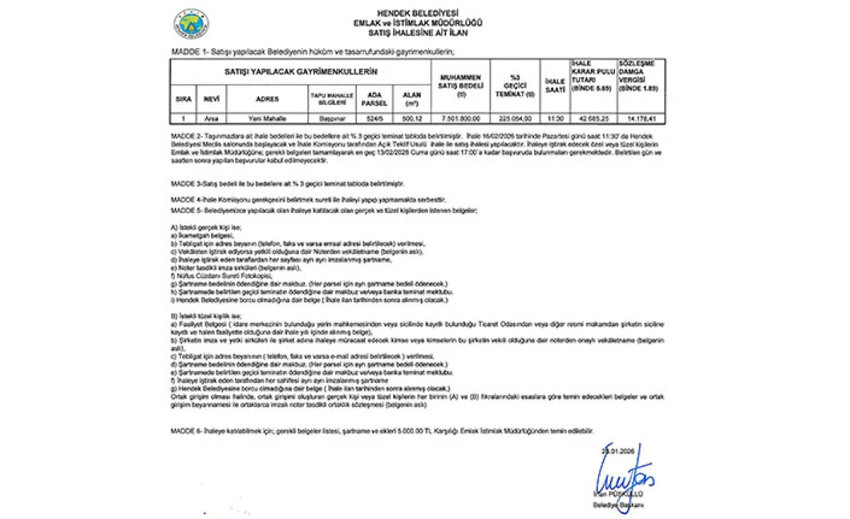 Hendek Belediyesinden İhale Duyurusu