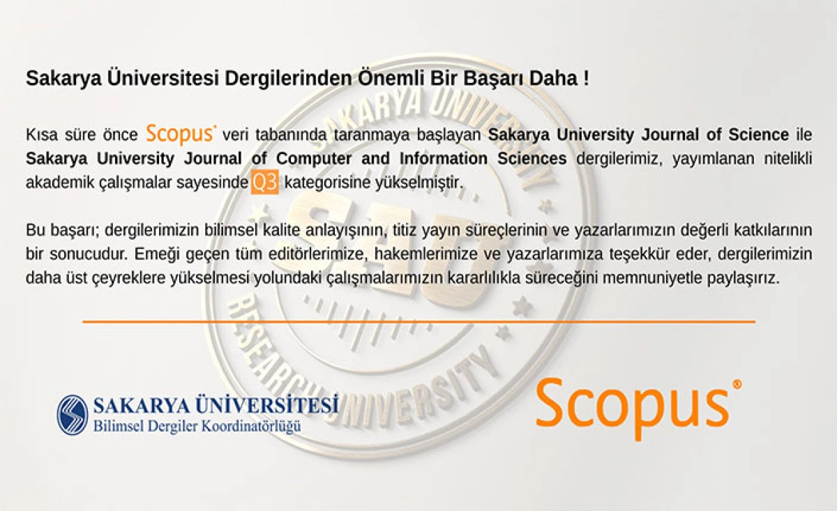 Sakarya &Uuml;niversitesi Dergilerinden &Ouml;nemli Bir Başarı Daha